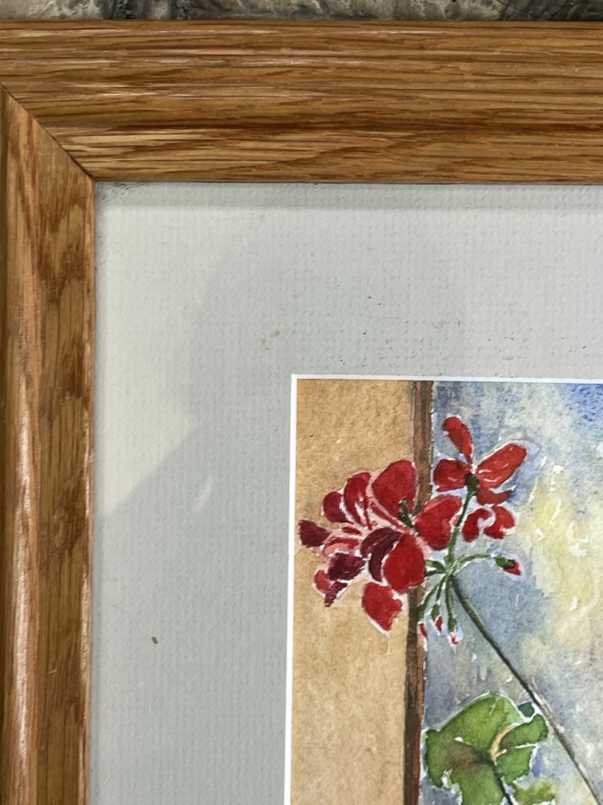 VINTAGE FRAMED MATTED RED GERANIUM WATER COLOR STILL LIFE PAINTING MB MORRISON