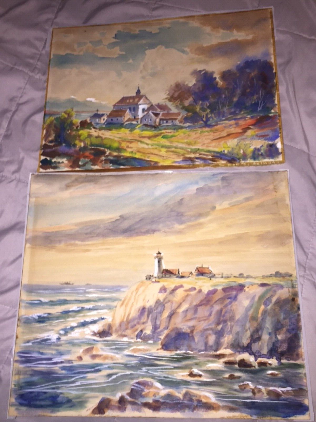 Signed A. Klein Original Watercolor Seaside Church Lighthouse Seascape Set of 2