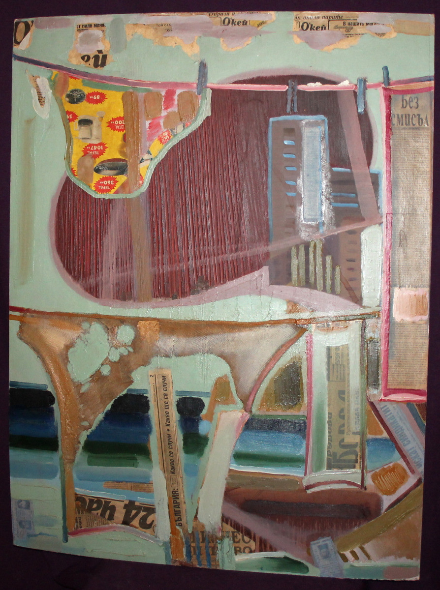Vintage Large Abstract oil collage painting signed