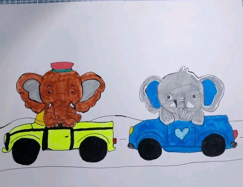 GAT Whimsical Painting Elephant In Car Safari Jungle Whimsical Animals 8.5 X 11