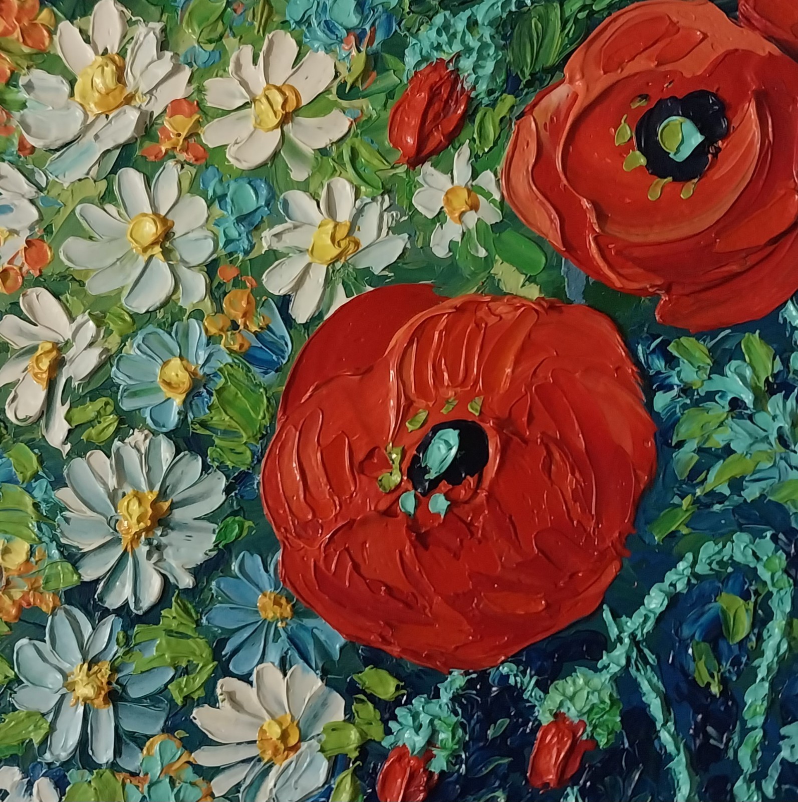 Framed Daisies Red Poppies Summer Wildflowers 5×5” Impasto Oil Painting Original