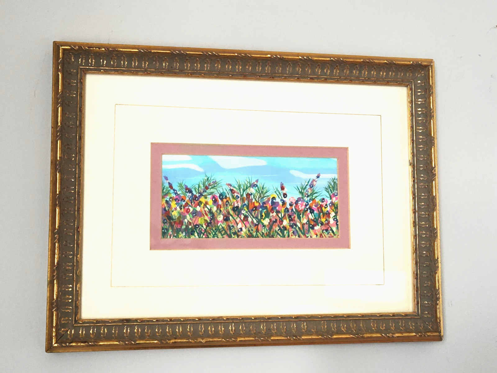 Field Of Flowers Acrylic Paints And Marker, Gold Framed Original Art Piece
