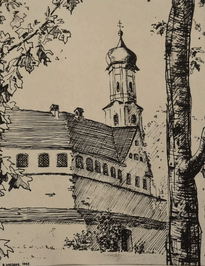 Saint George Church in Isny im Allgäu | Ink drawing by Karl Mezger