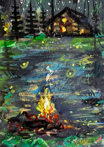 ACEO Original PAINTING Summer CABIN Camping Fire Night Stars Landscape ATC ART