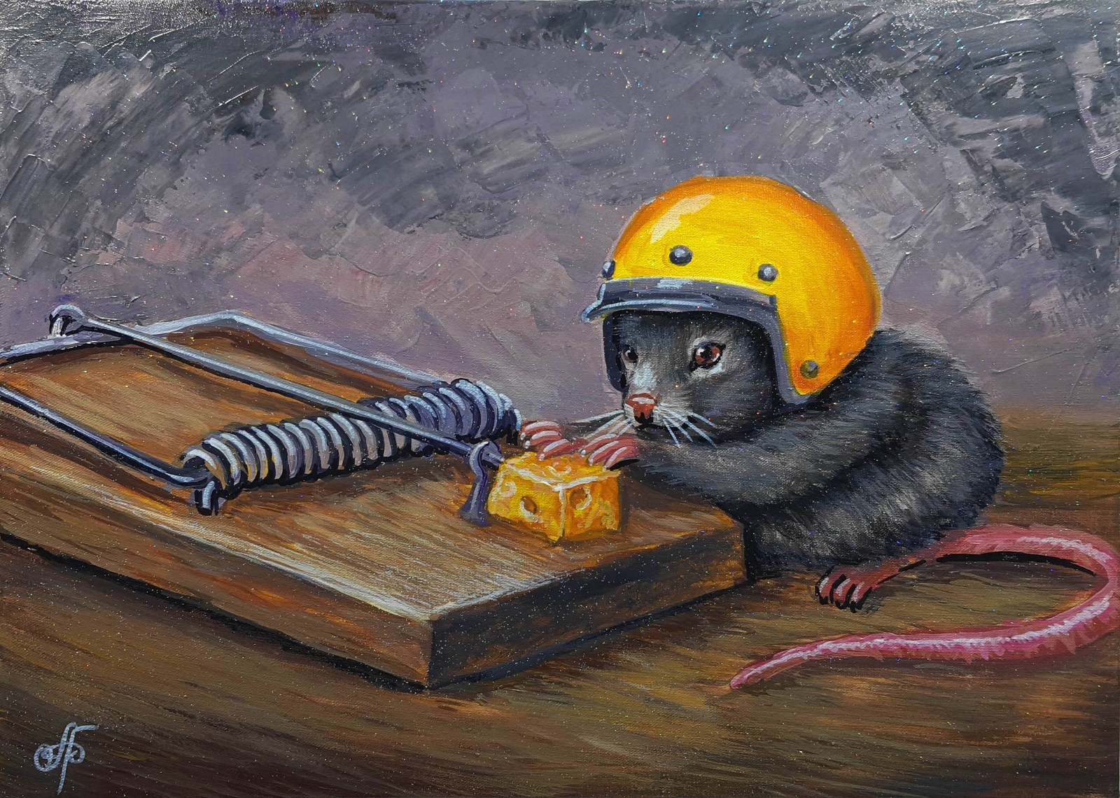 Original Acrylic Painting Mouse Yellow Helmet Cheese Trap Canvas Humor Wall Art