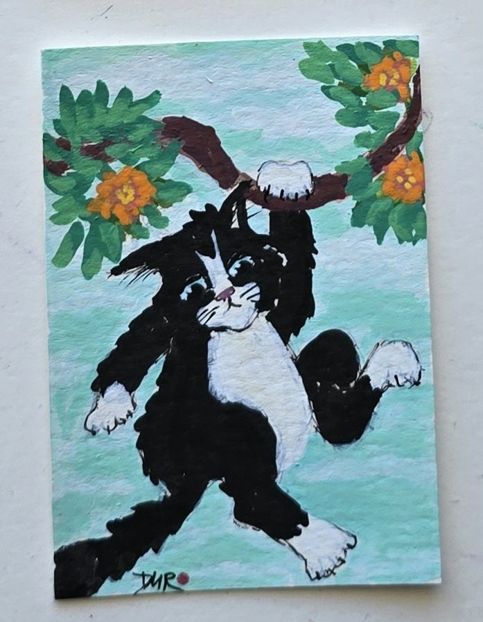 Original ACEO Black Cat Tree Miniature Pet Dulce Maria Rico»MICKEY IN TROUBLE»