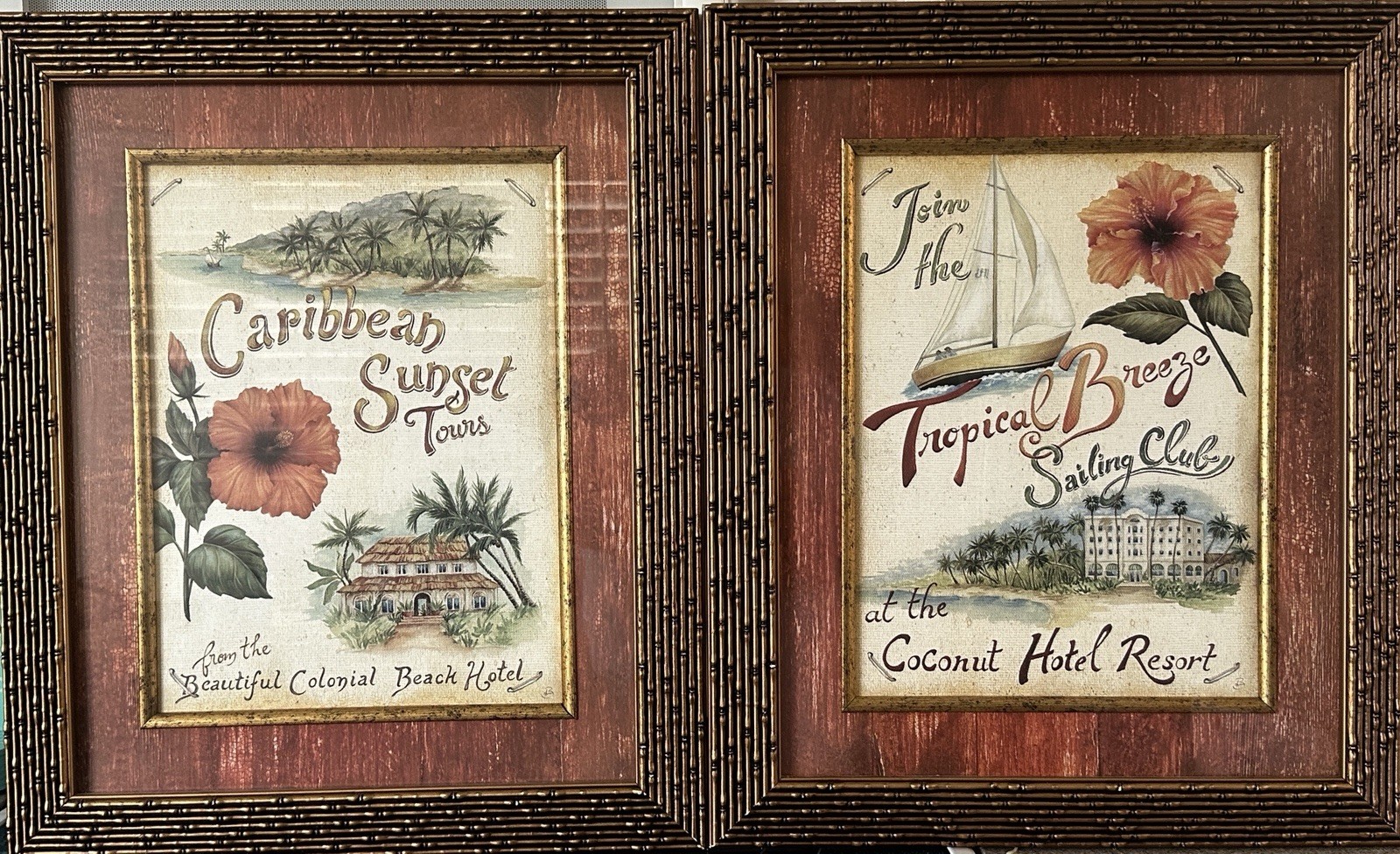 Pair of MCM Tropical HotelPrints 20″x24″Signed by Daphne B Framed In Bamboo