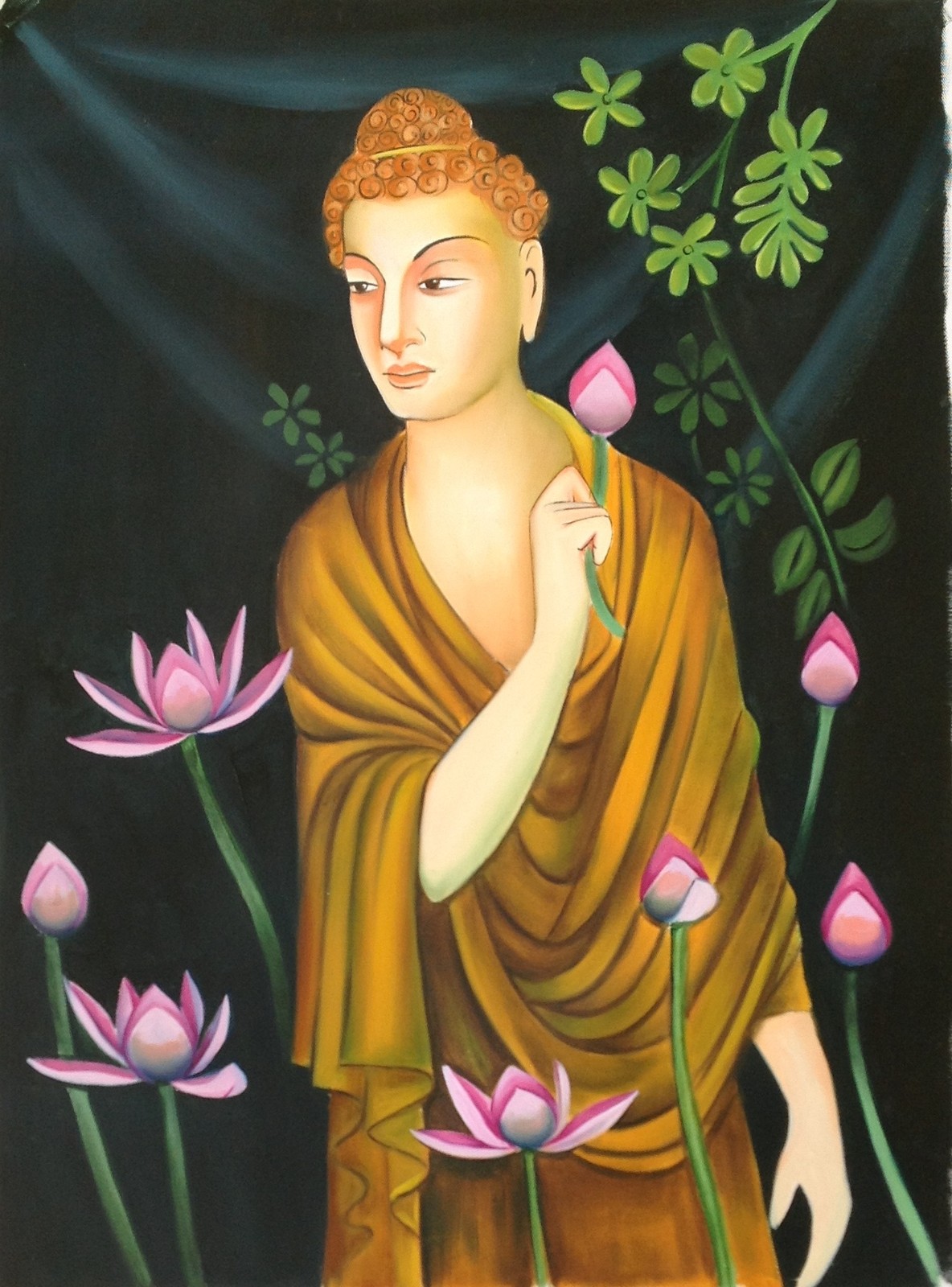 Buddha Painting Handmade Buddhist Oil on Canvas Indian Buddhism Wall Decor Art