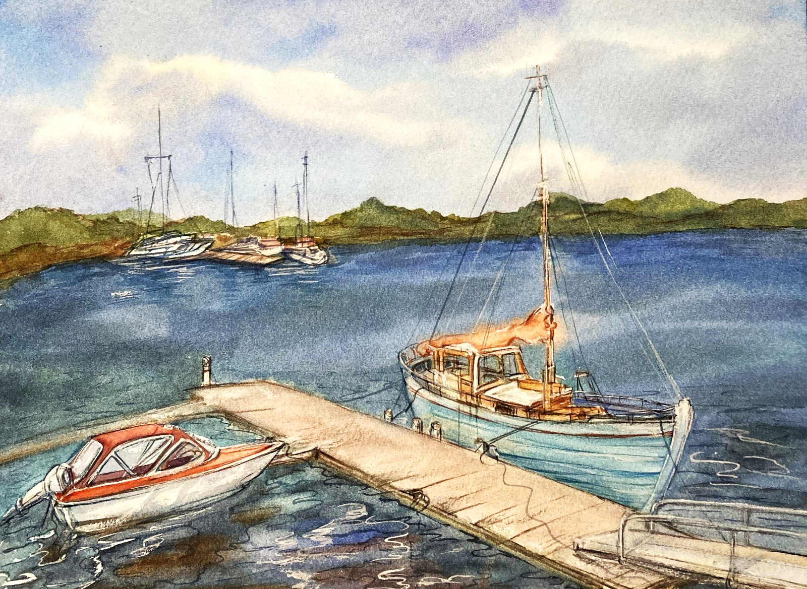 Harbor at Rest -Boat Ocean -Watercolor Original Painting by Liz Altin