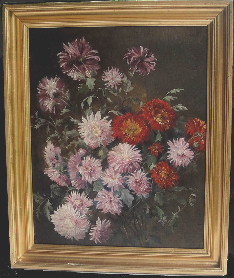 Antique floral painting, Chrysanthemums. Manner of Augusta Dohlmann c1890