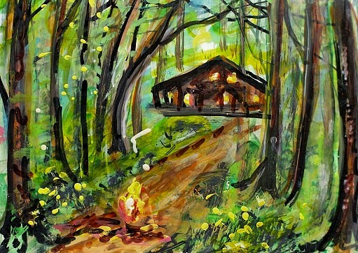 ACEO Original PAINTING Summer CABIN Camping Fire Evening Trees Landscape ATC ART