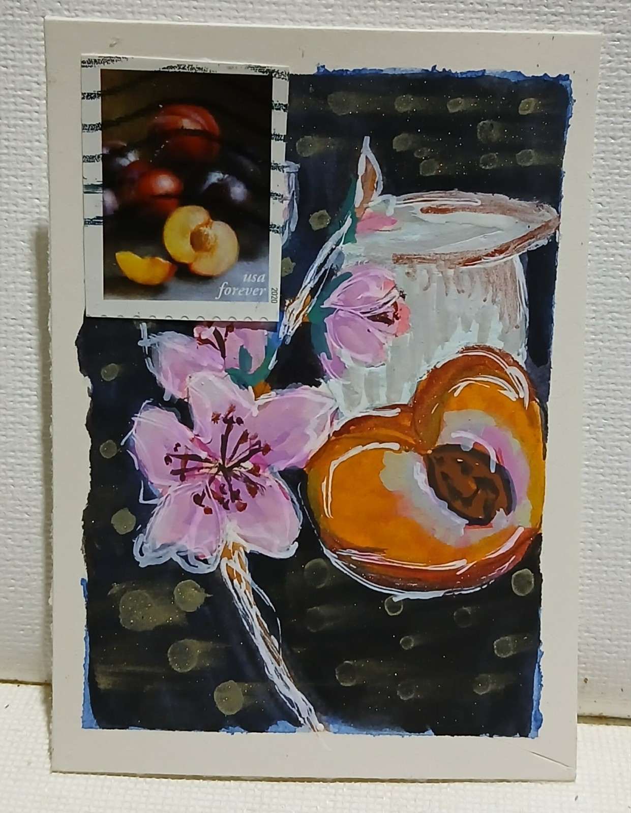 Nectarine Blossom & Cream — Postal Whimsy OOAK ACEO w/ Forever Stamp”
