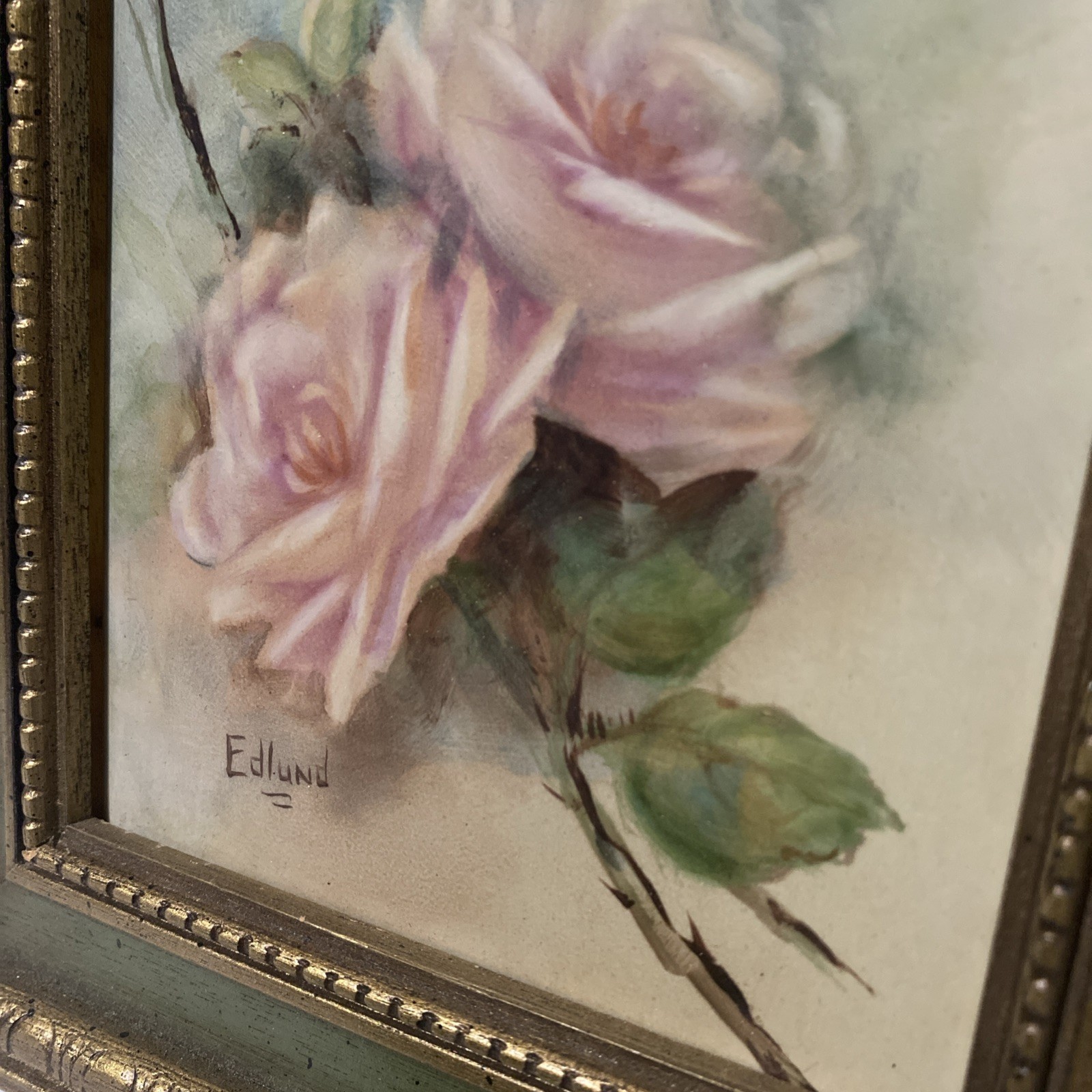 Signed Hand Painted Porcelain Tile Floral Plaque Framed Picture Wall Hanging