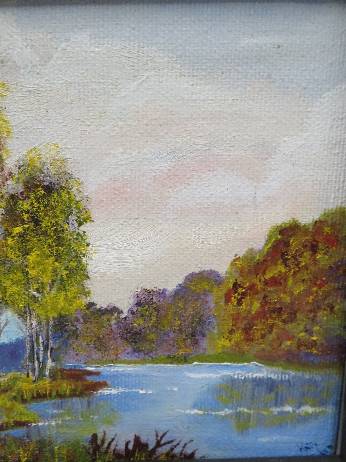 Original Acrylic Art Painting Signed Wood Frame Water Trees Autumn 7.5″ X 9.5″