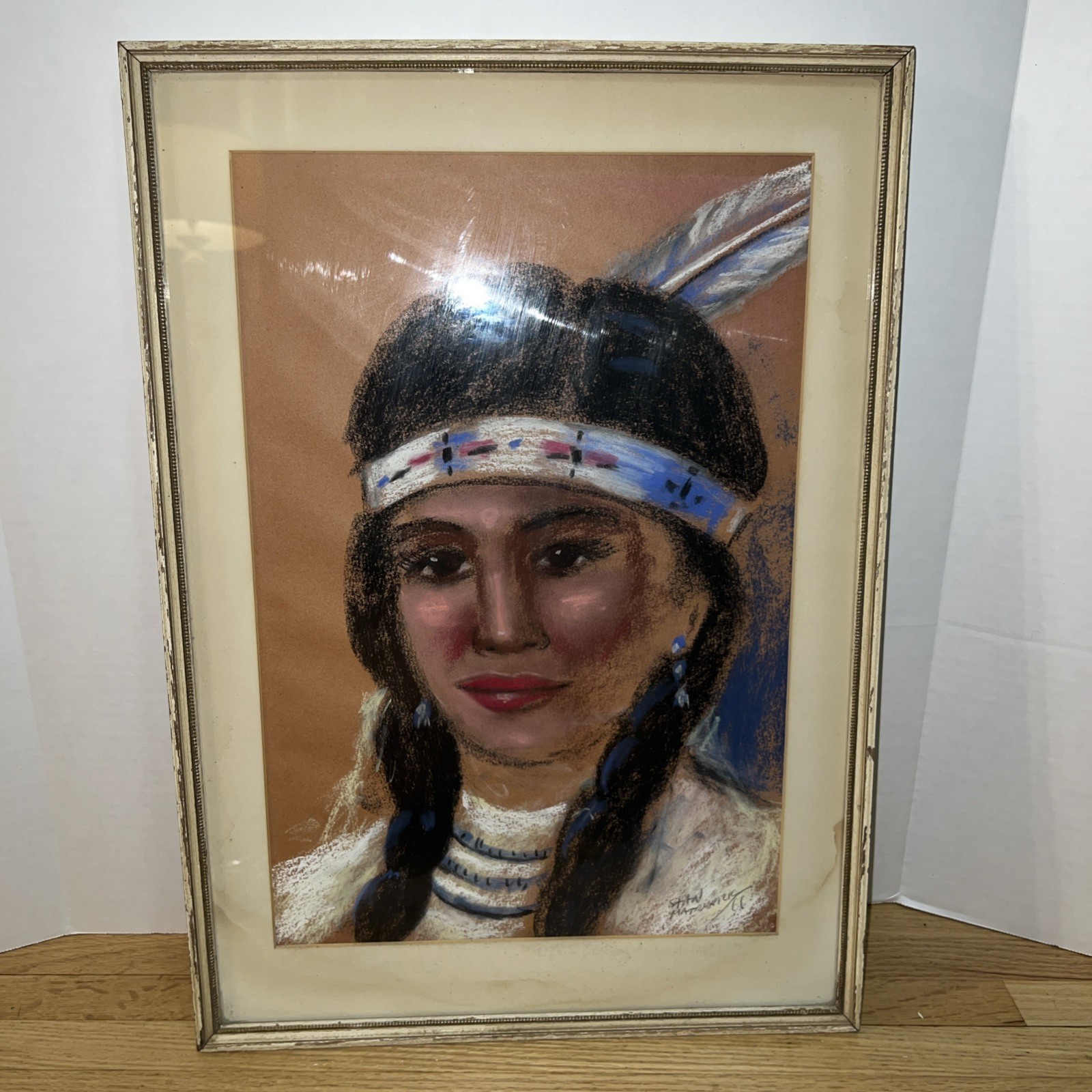 VTG Stan Matrunick Native American Woman Pastel Portrait 1966 Framed Art