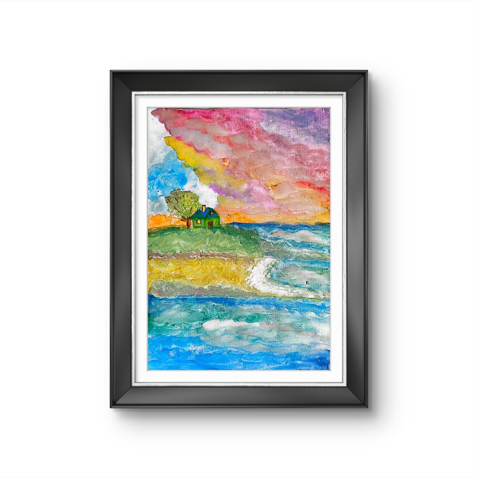 Sunset Seaside Cottage Contemporary Expressionist Original 9×12 Watercolor