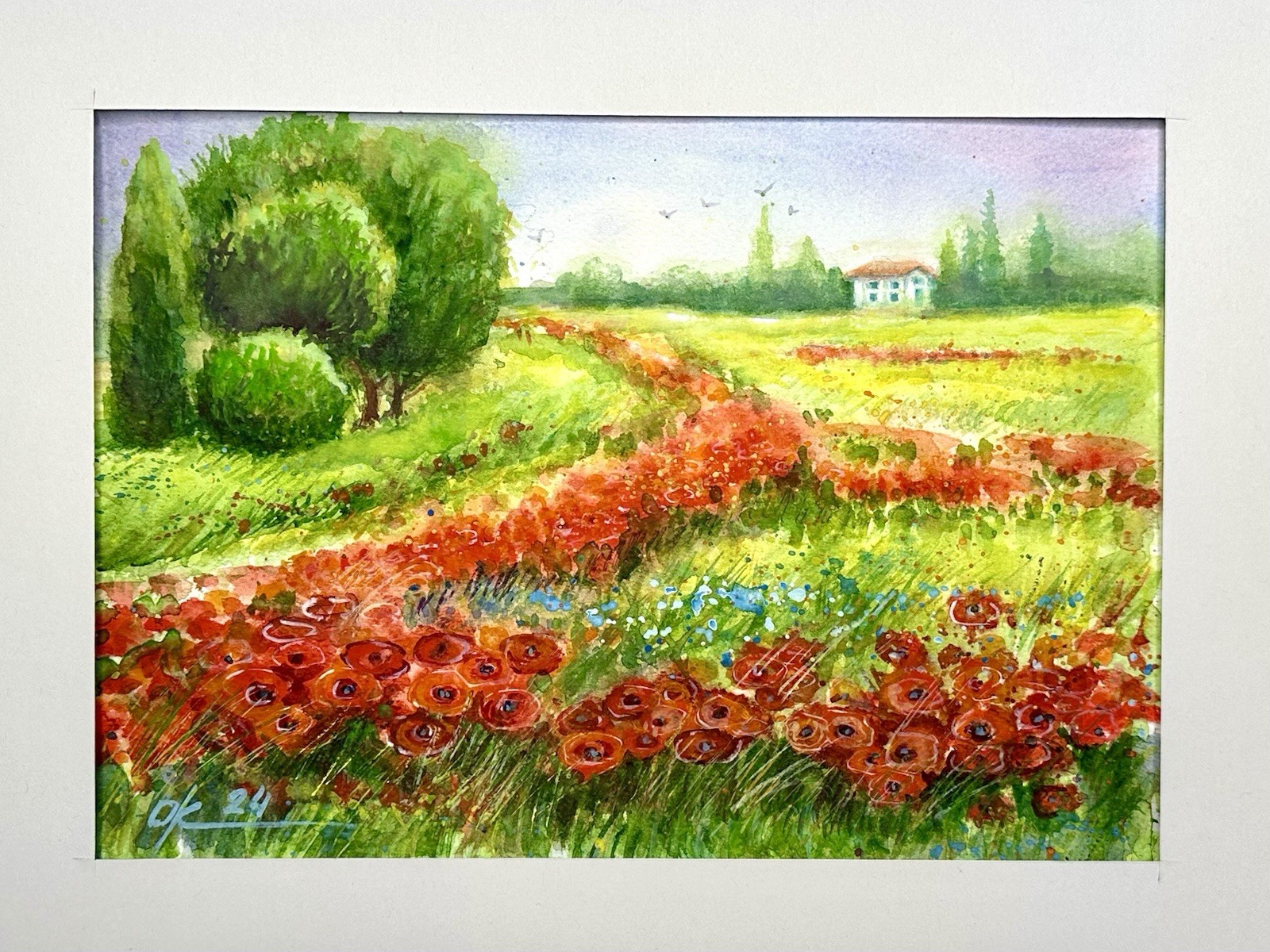 Original Watercolor Painting Landscape poppy field Provence farm red flowers A4