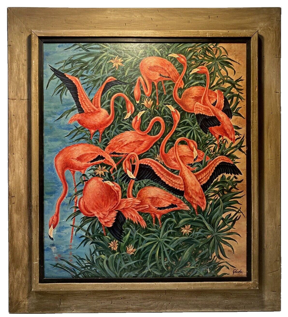 SIGNED MID CENTURY ABSTRACT MODERNISM FLORIDA FLAMINGOS ILLUSTRATION PAINTING
