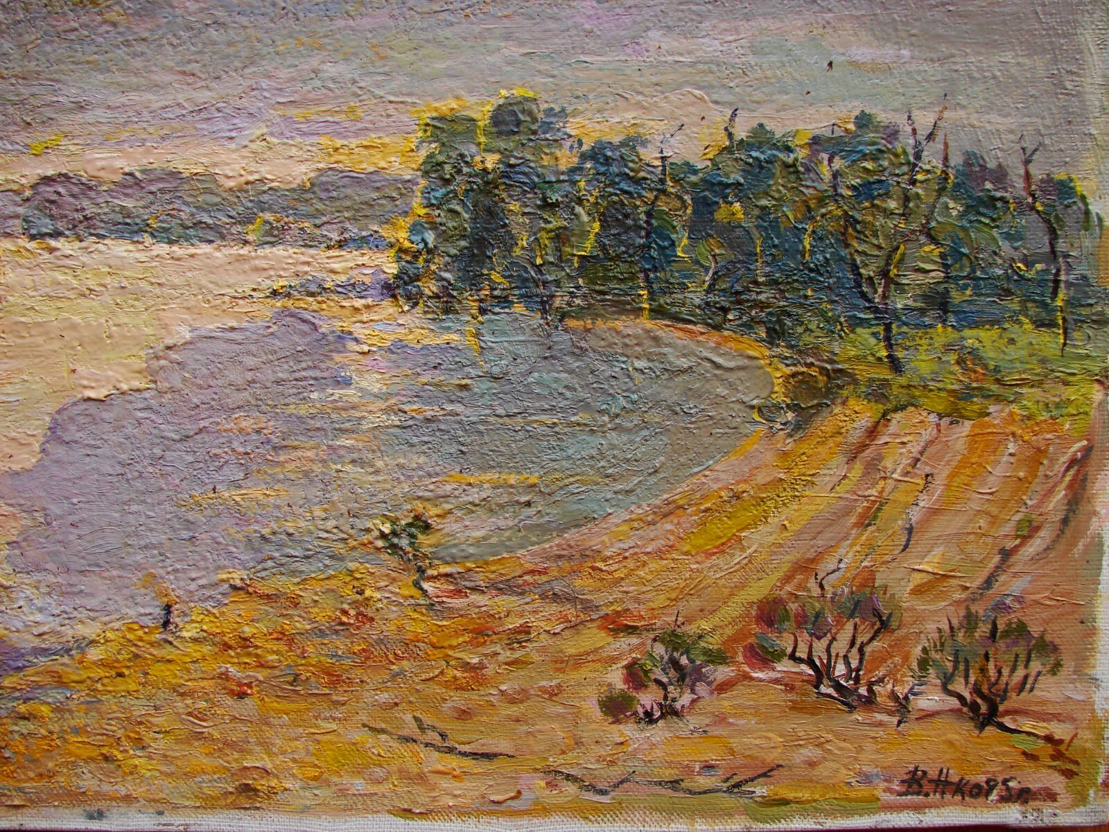 Ukrainian Soviet Oil Painting postimpressionism landscape river after rain cloud