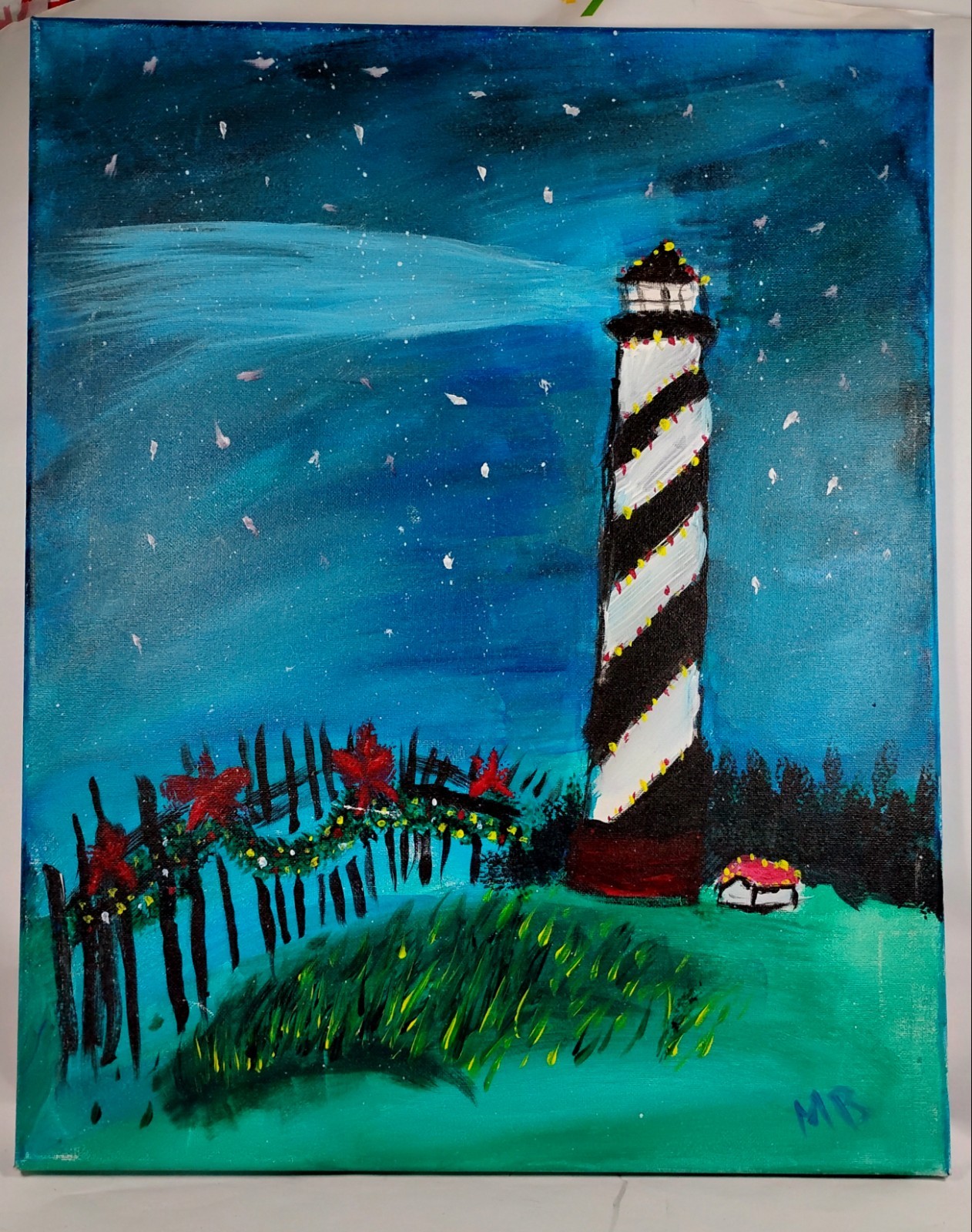 Vintage Original Oil Painting Lighthouse Seaside Stretched Canvas On Wood Framed