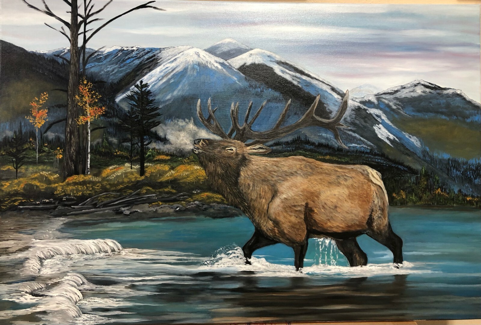 Leah Smith High Country Bugle Bull Elk 24×36 Original Acrylic & Oil Painting