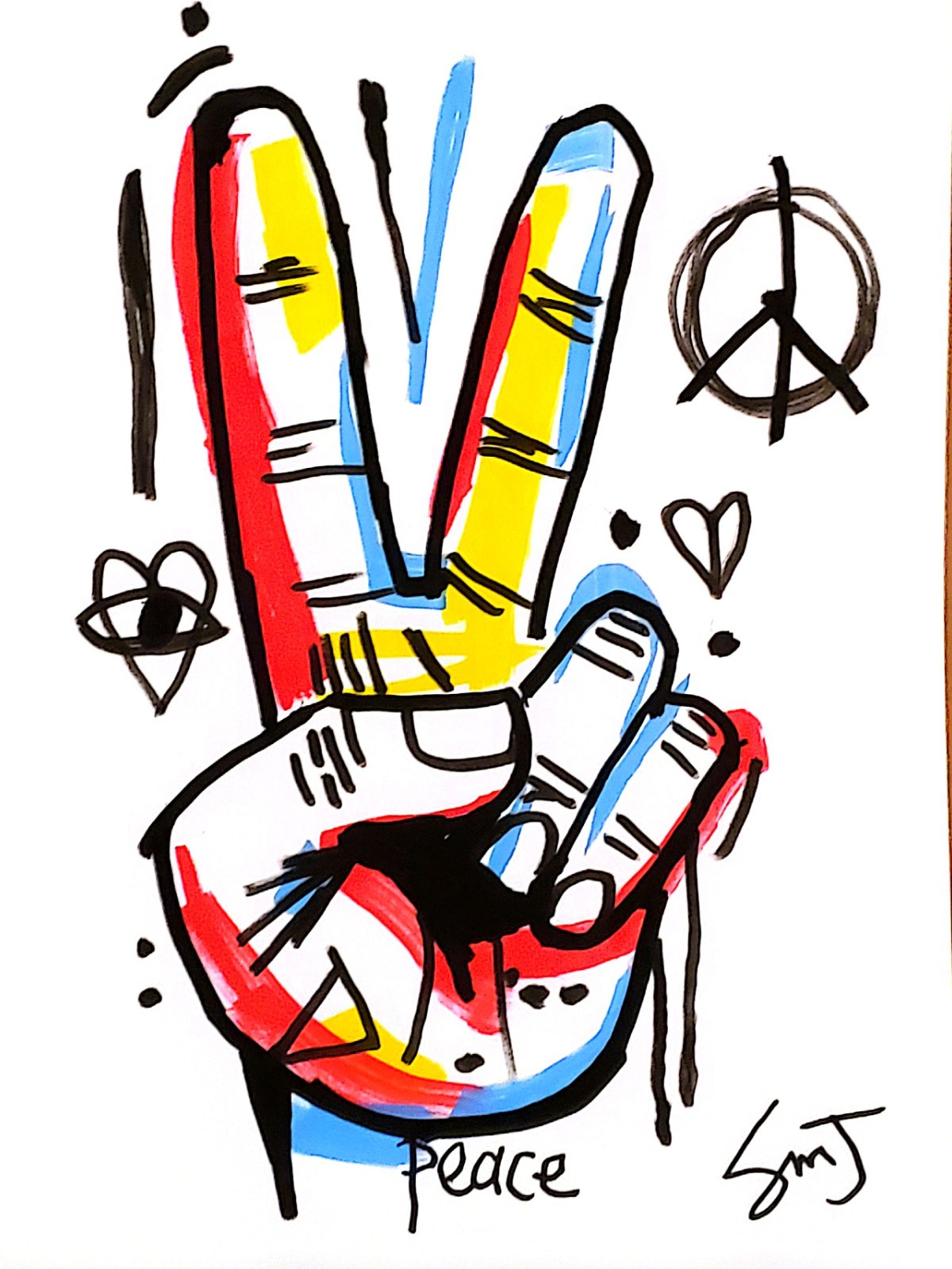 JULIEN Original FRAMED 9×12 PEACE SIGN Abstract Expressionist Painting PAPER