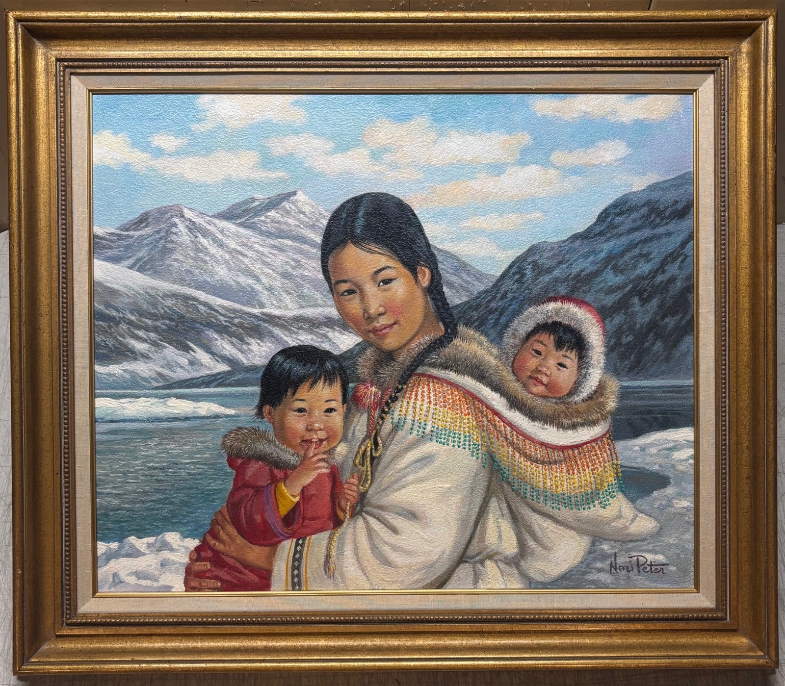 Original NORI PETER Inuit Mother & Children CANADA Arctic LANDSCAPE Painting
