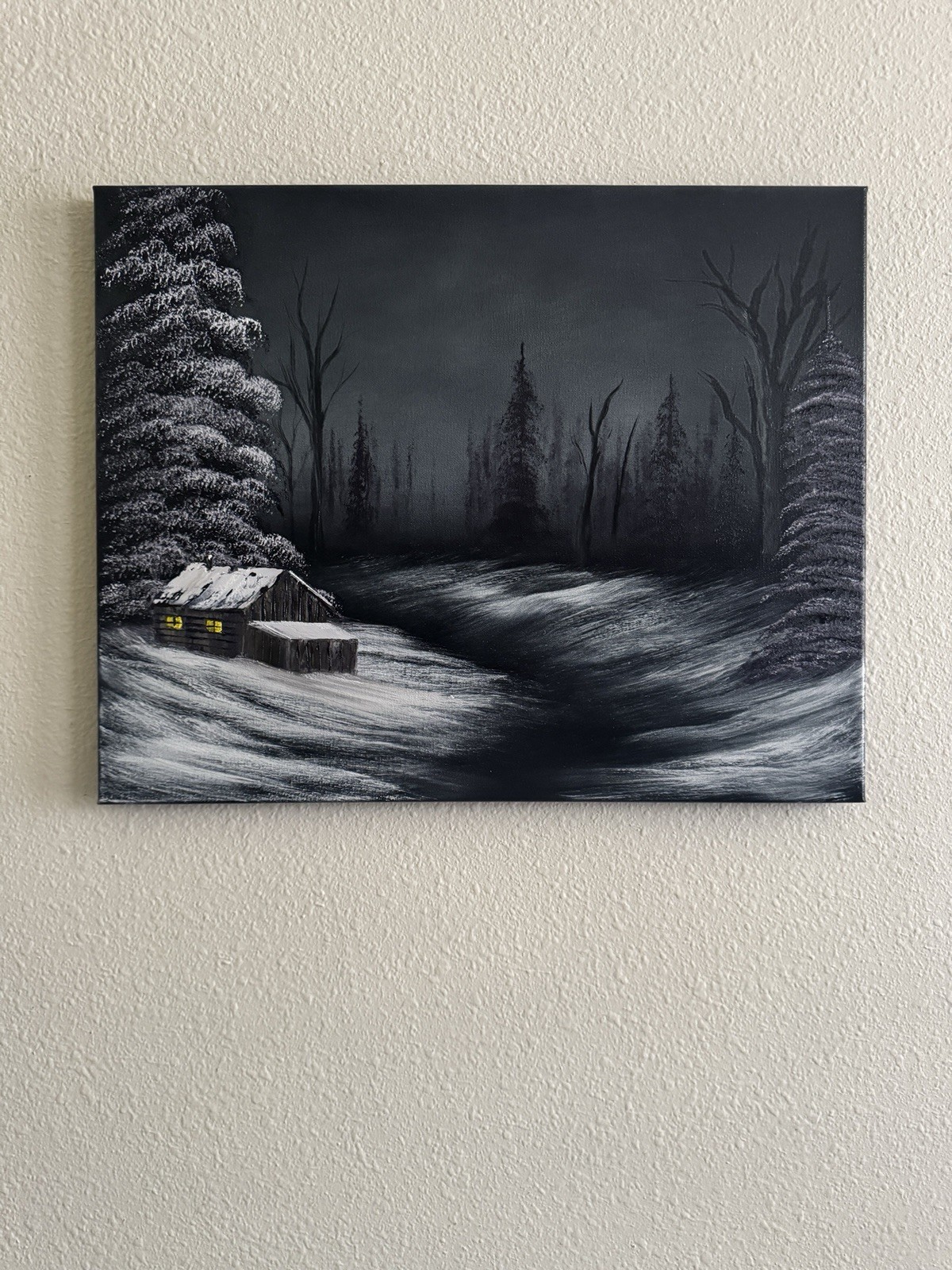Winter Night Cabin Landscape Oil Painting Snowy Forest Scene 16×20 Original Wall