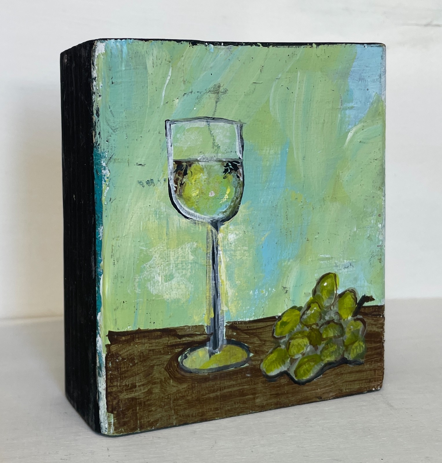 Mary Myers Original Art Block Wine Glass and Grapes Reclaimed Wood