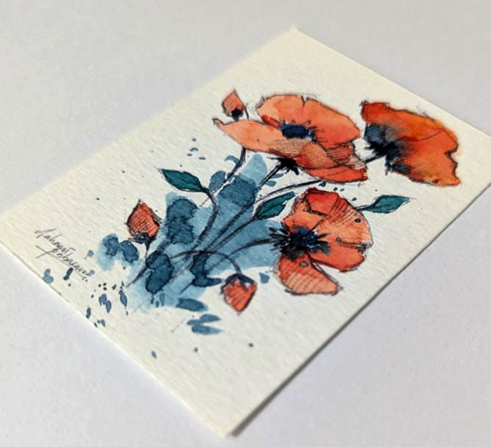 ACEO Original Watercolor Painting Red Poppies Floral Ink Wash Art OOAK
