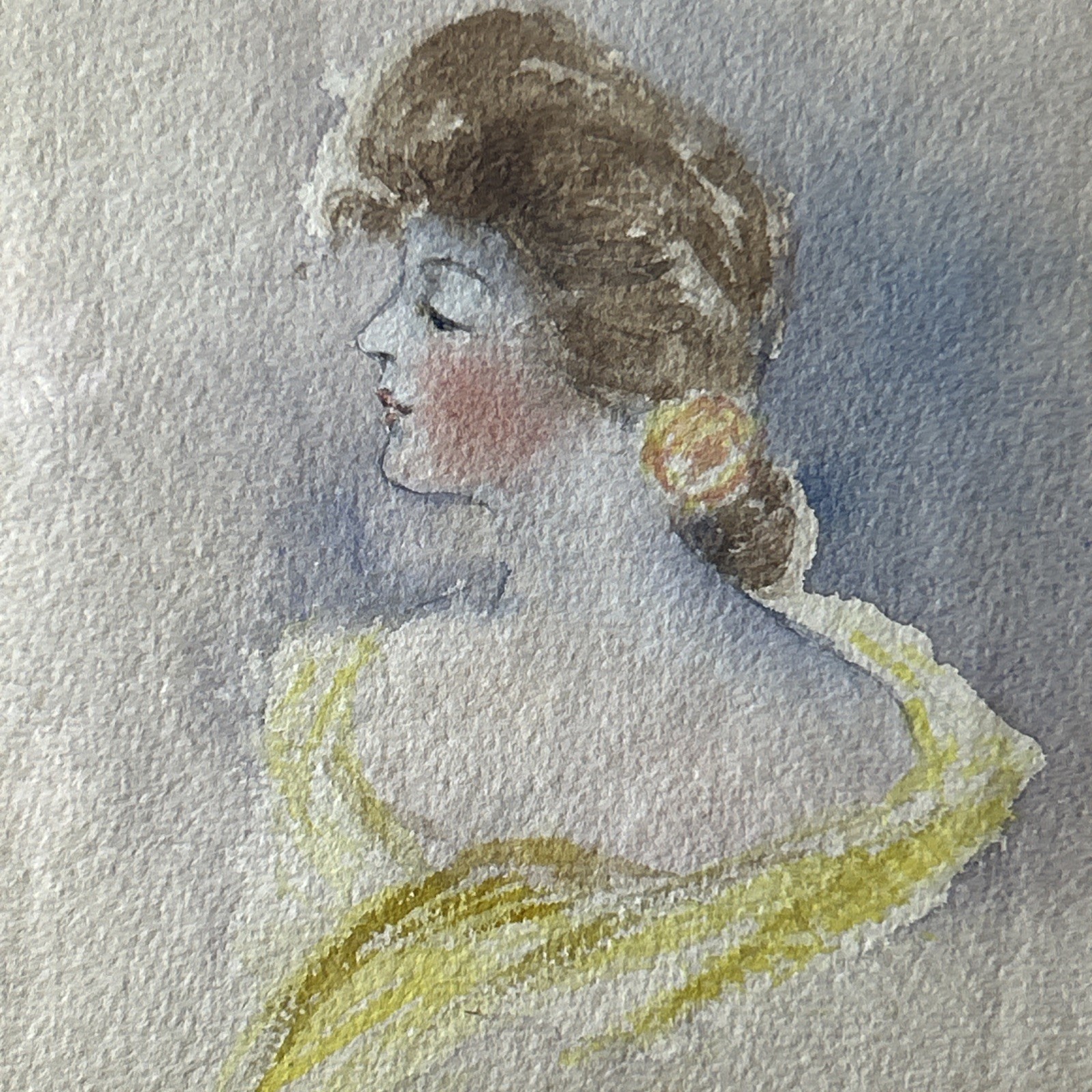 Antique Original Watercolor Painting Portrait of Victorian Lady 10 x 10 Square