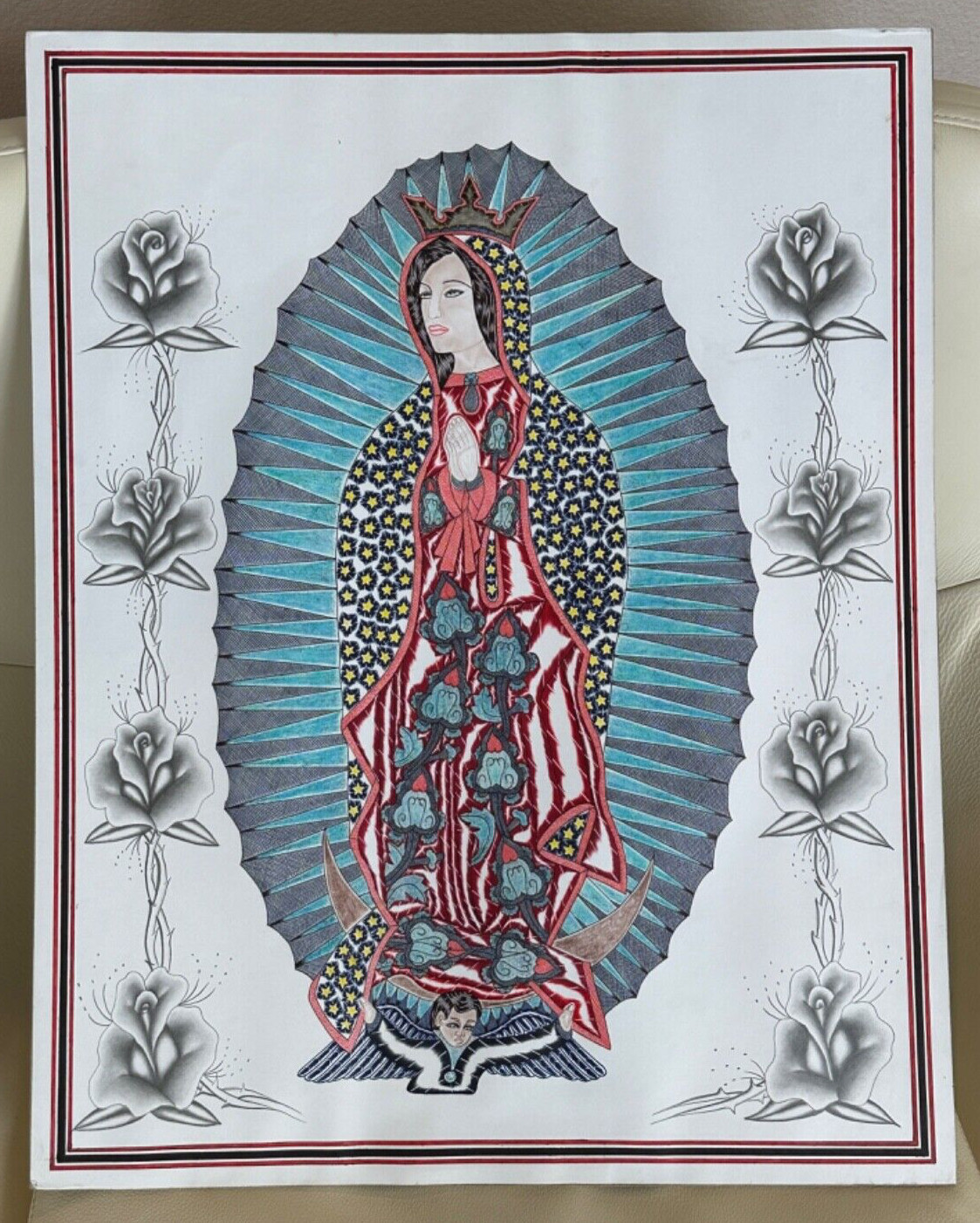 SANTA FE ARTIST OUR HOLY MOTHER ALL HAND DRAWN IN INK PEN ROSES IN PENCIL 70’S