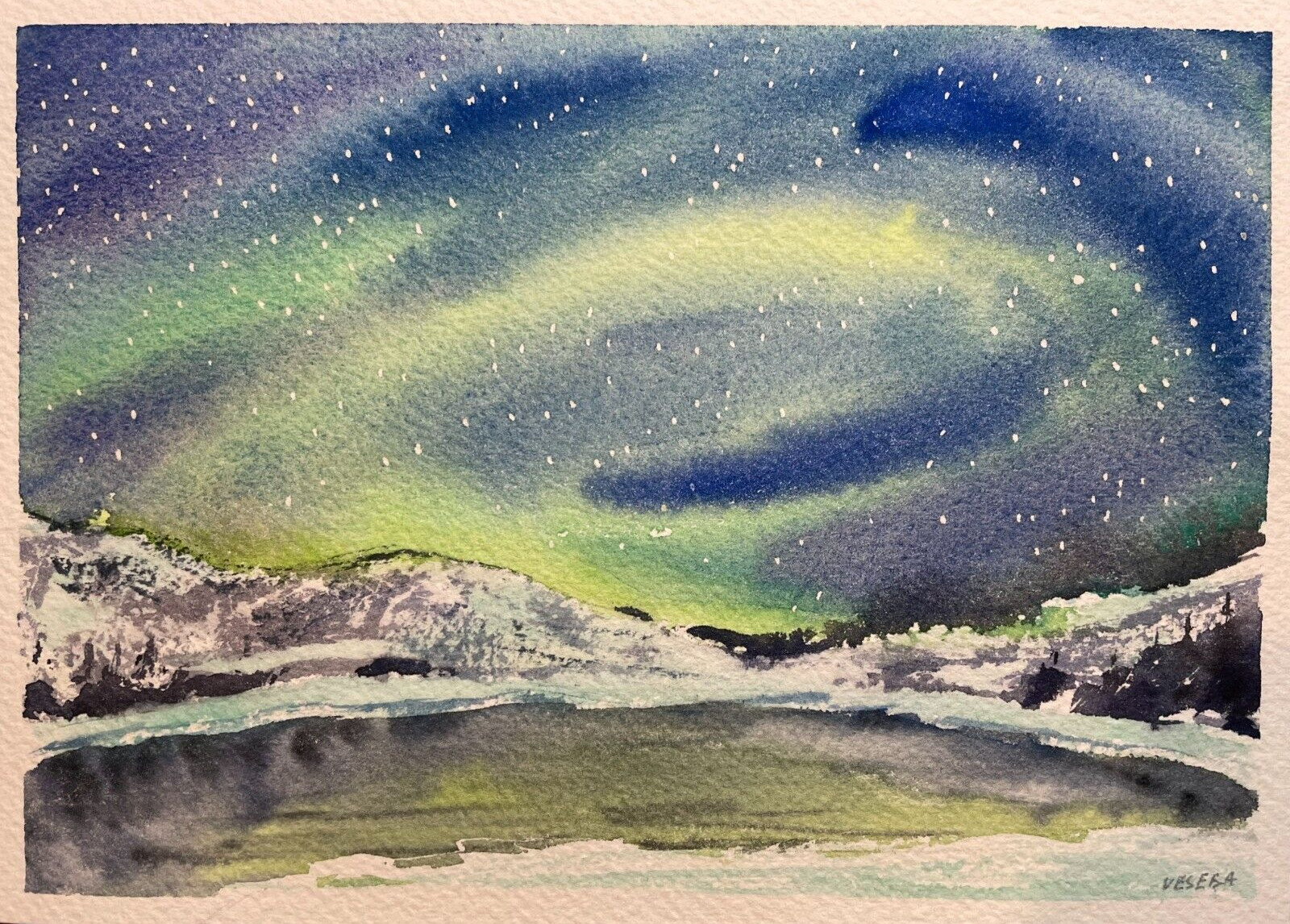 Original Watercolor Painting Landscape Nature Northern Lights – 5×7 inches – NEW