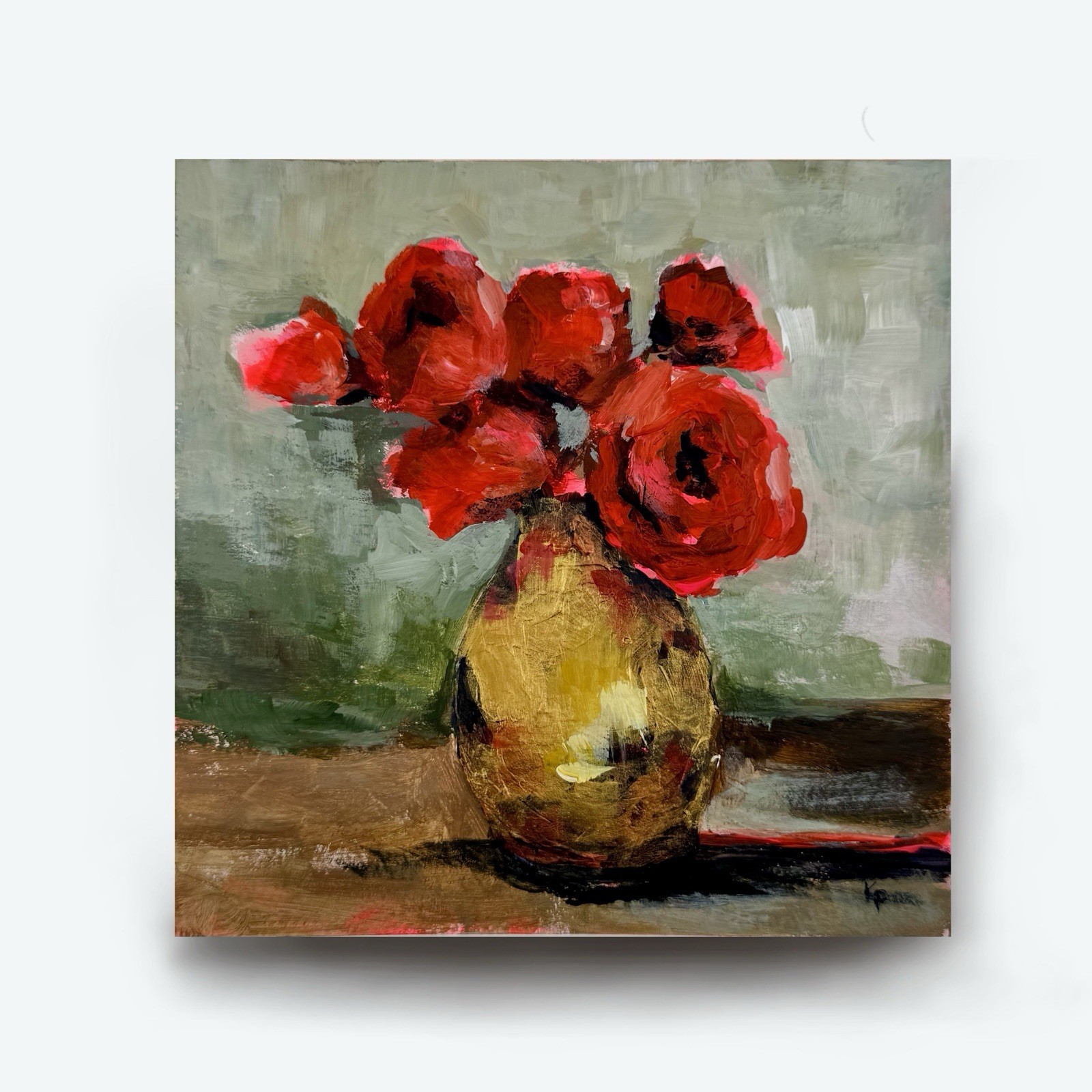Original Acrylic Painting 8×8 Red Roses Floral Flowers Gold Vase On Paper