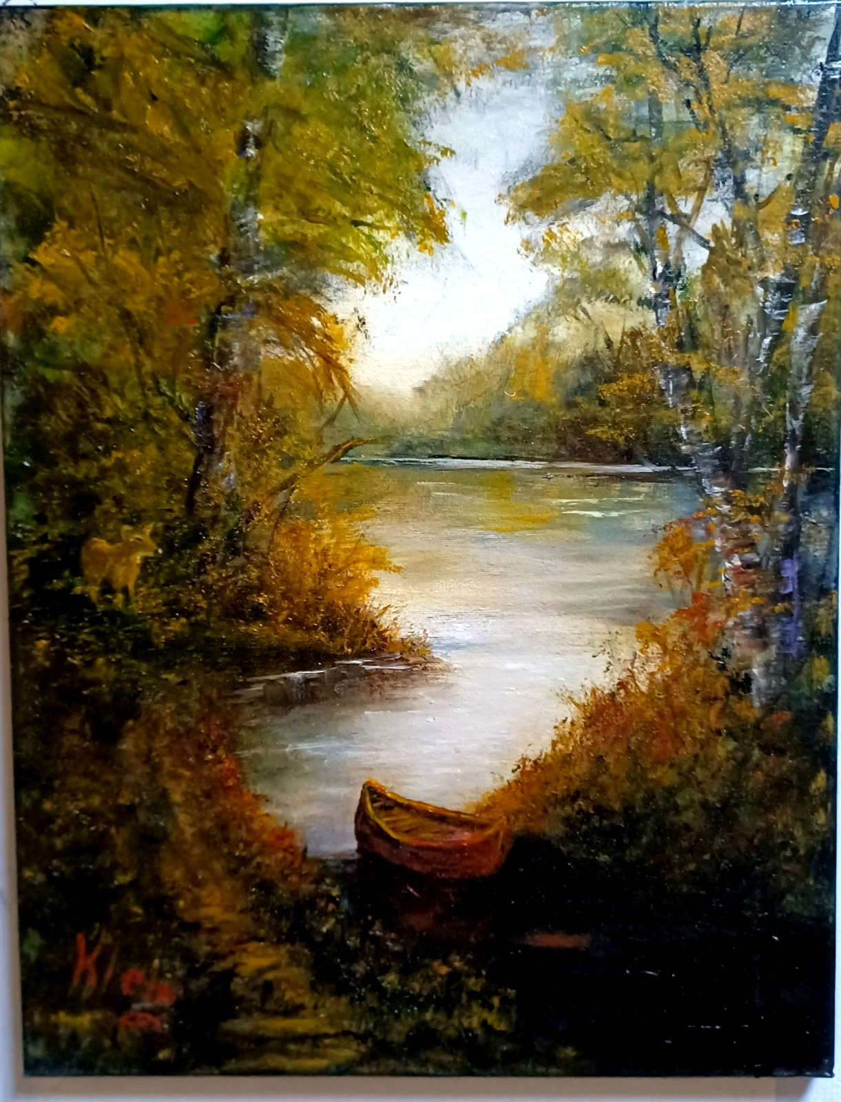 DEER TO WATER New Peaceful Original Oil 14×18 Painting by Artist Klein
