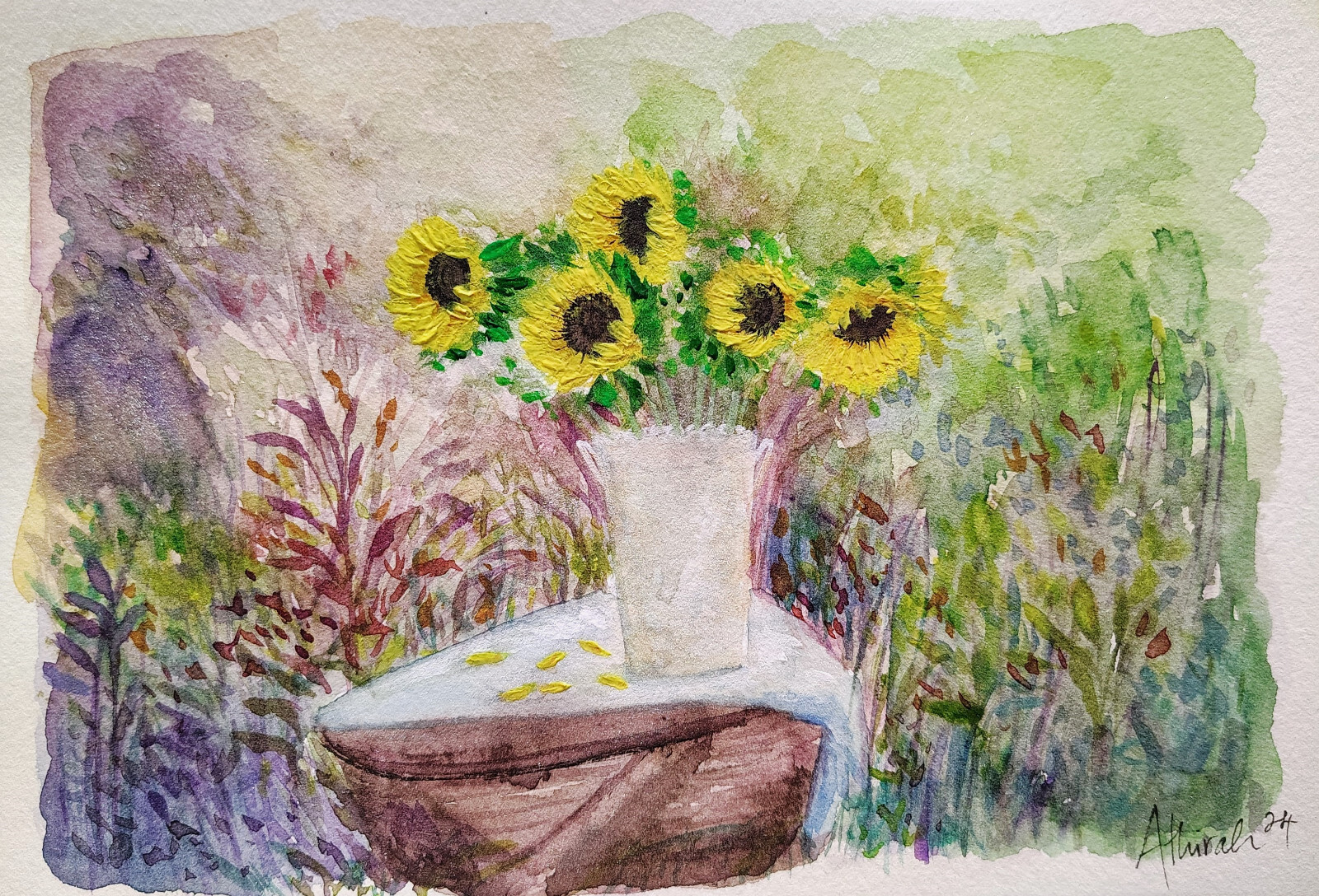 Sunflowers Vase Garden Painting Original Watercolor Glitter Paper 7.7 x 5.3 In