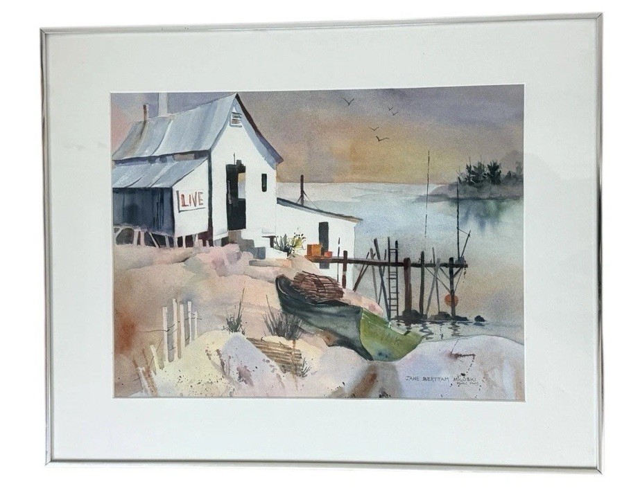 Signed Original Watercolor Painting/ Coastal Nautical Dock Framed Lobster Art