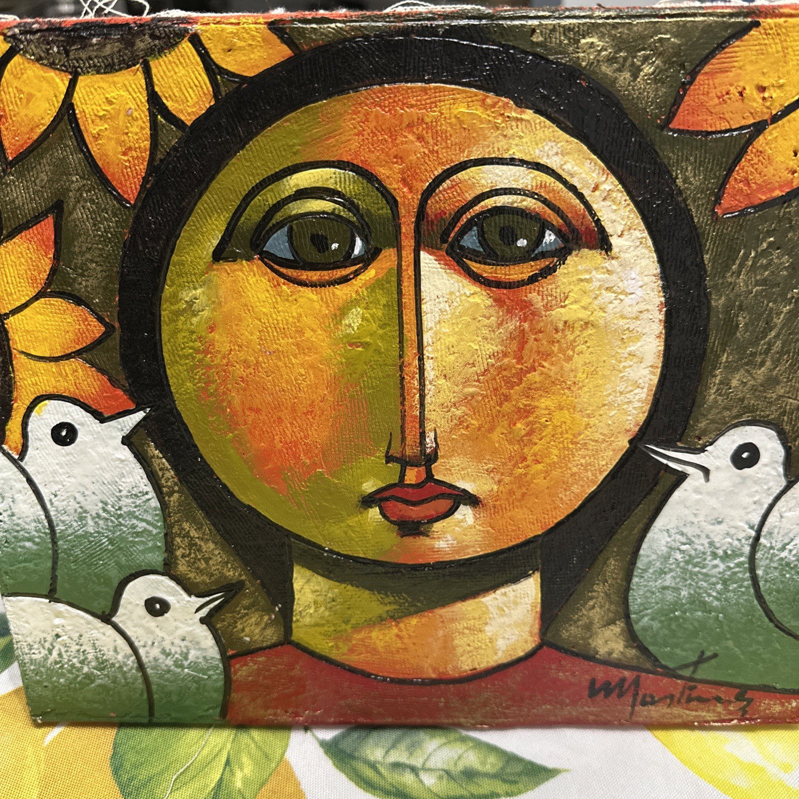 VTG Rafael MARTÍNEZ-Rostro Girl with Doves Signed Oil Painting 10″ x 12″ 2003