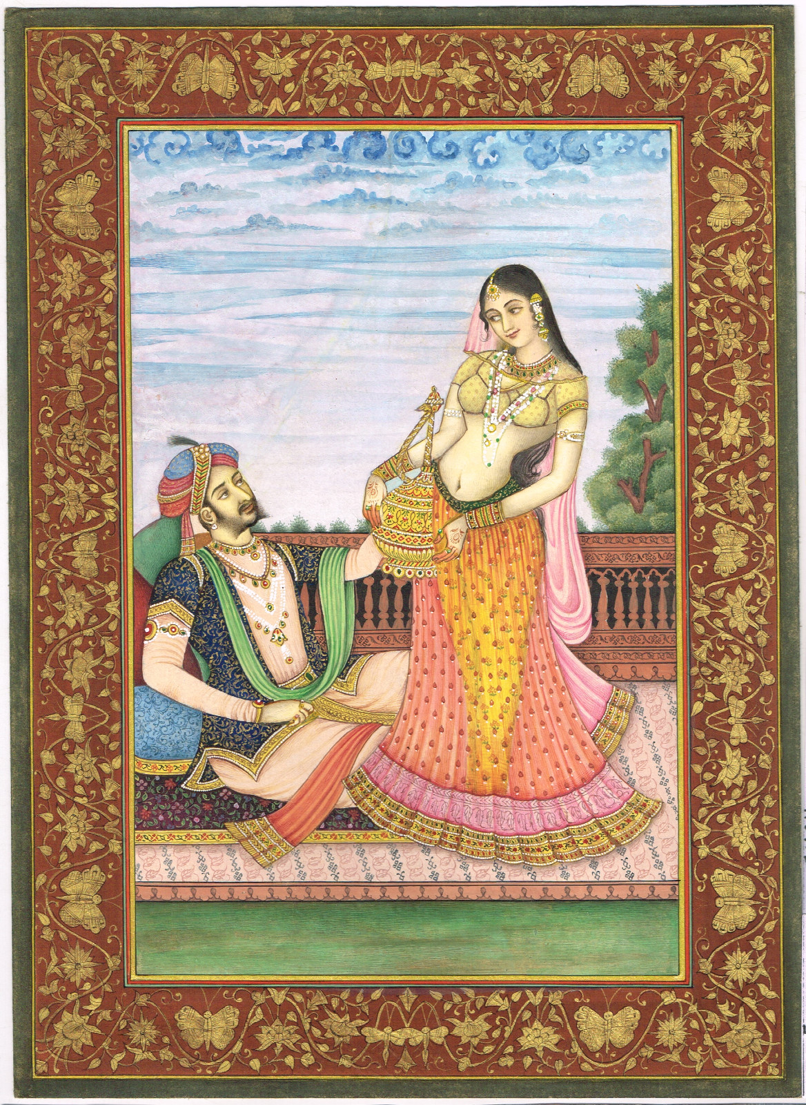 Handmade Mughal miniature painting Of romantic scene between a royal couple.