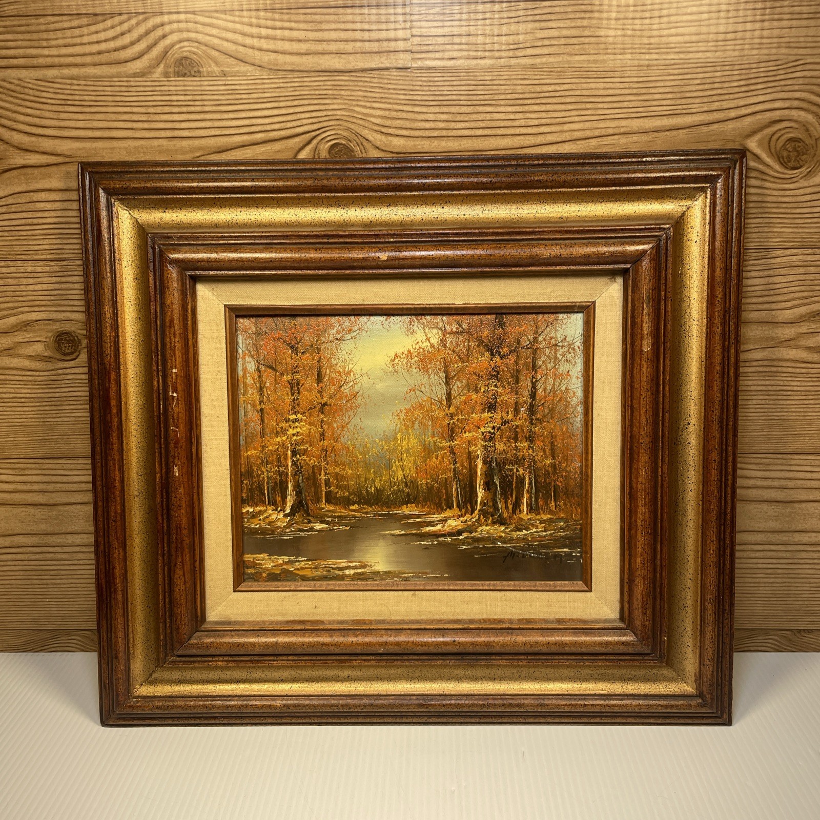 Aronson Signed Oil Painting – Autumn Fall Forest Landscape Scene Wood Framed