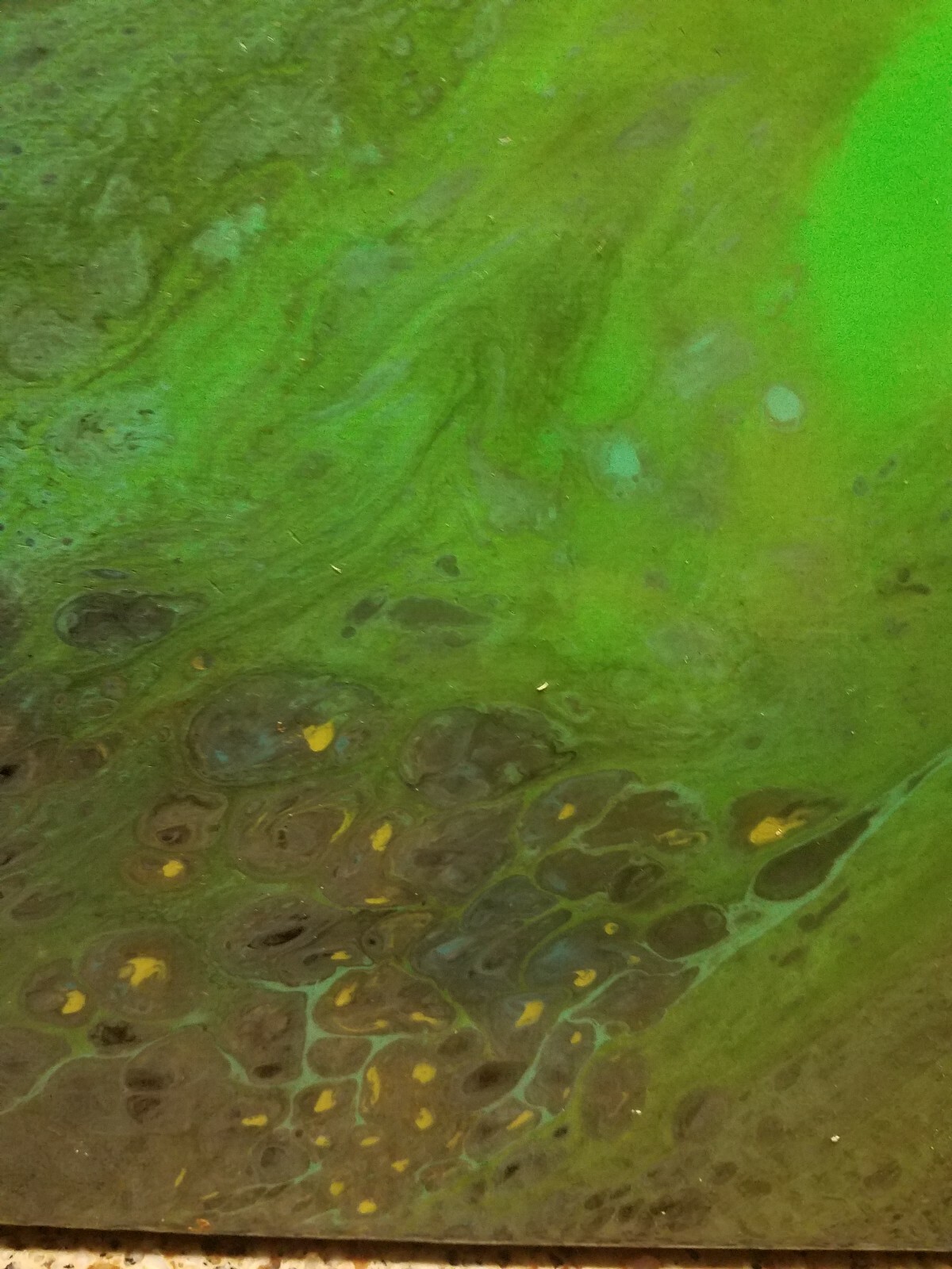Original Acrylic Pour Painting Blue Teal Green Yellow 9″ X 12″