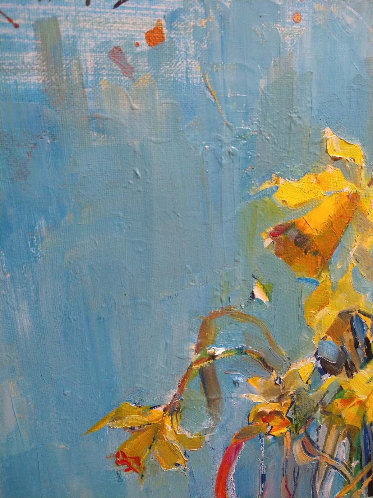 Original oil Still life 20″x20″, Flowers, Daffodils, Blue, Contemporary art