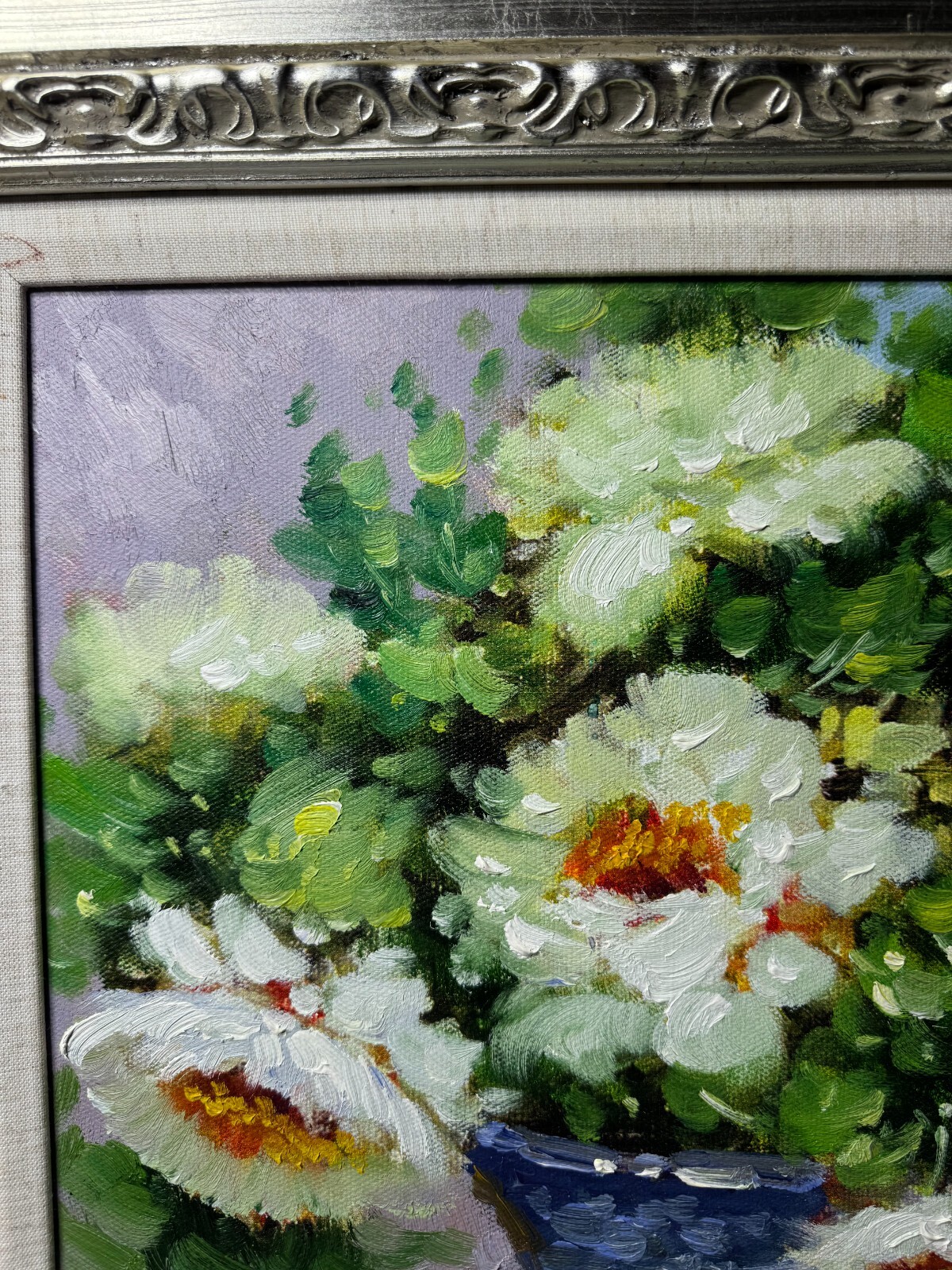 «Flowers In Blue Basket Scene» Oil On Canvas Painting – Signed And Framed