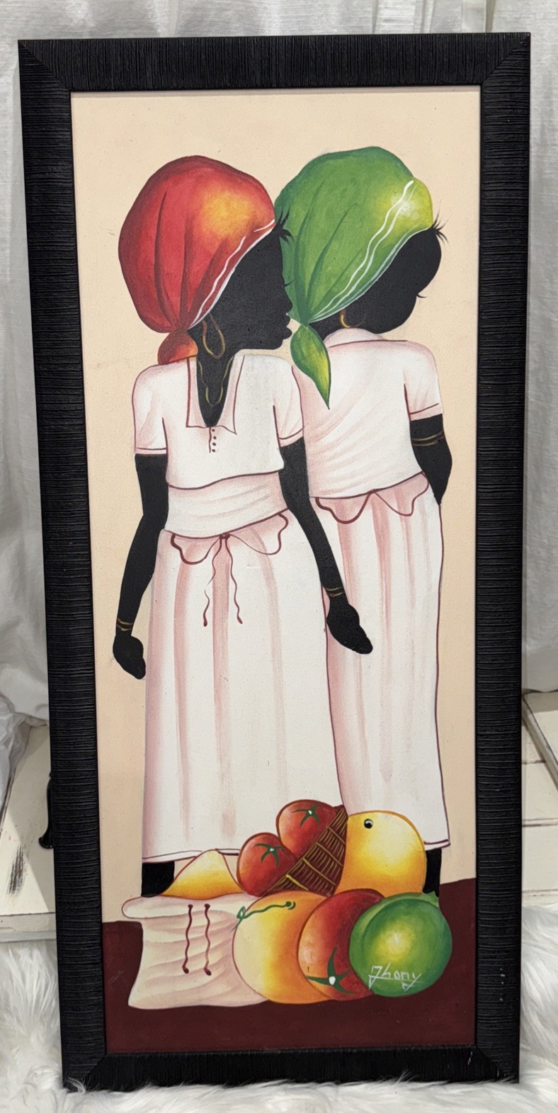 A.C.Moore Haitian Painting Haiti Marketplace Framed Folk Art Decor 14.5”X31.5”