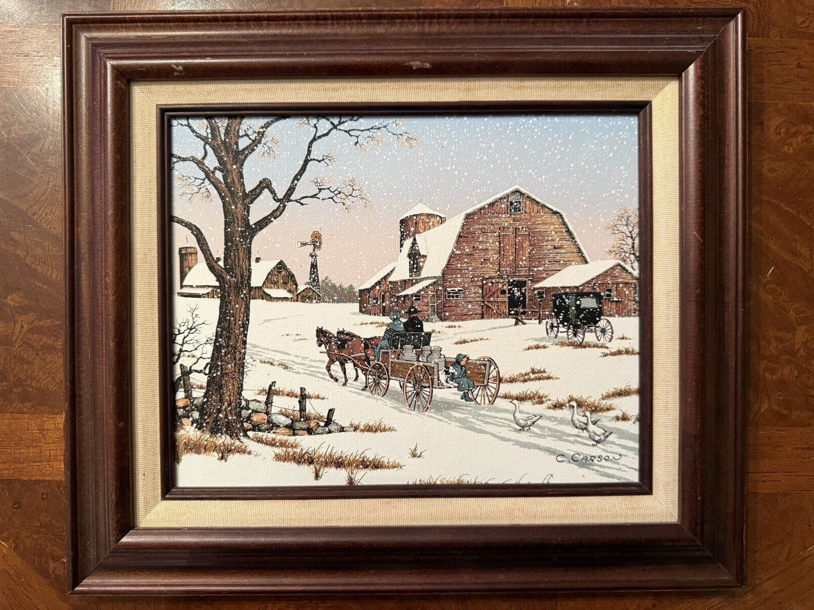 ***Framed APPRAISED-COA C. CARSON Oil Paint Country Amish Winter Scene 12×14***