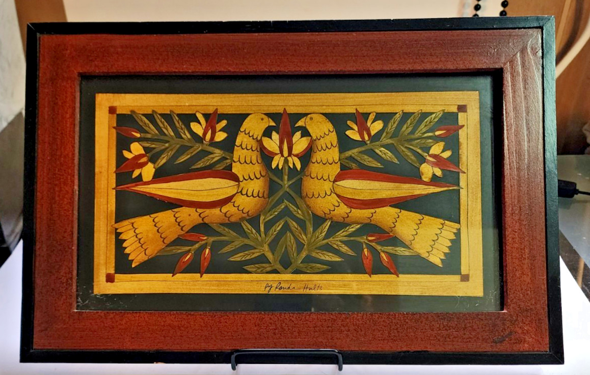 Folk Art Framed Doves under Glass Stencil cut Hand Drawn Beautiful 9″ X 14″