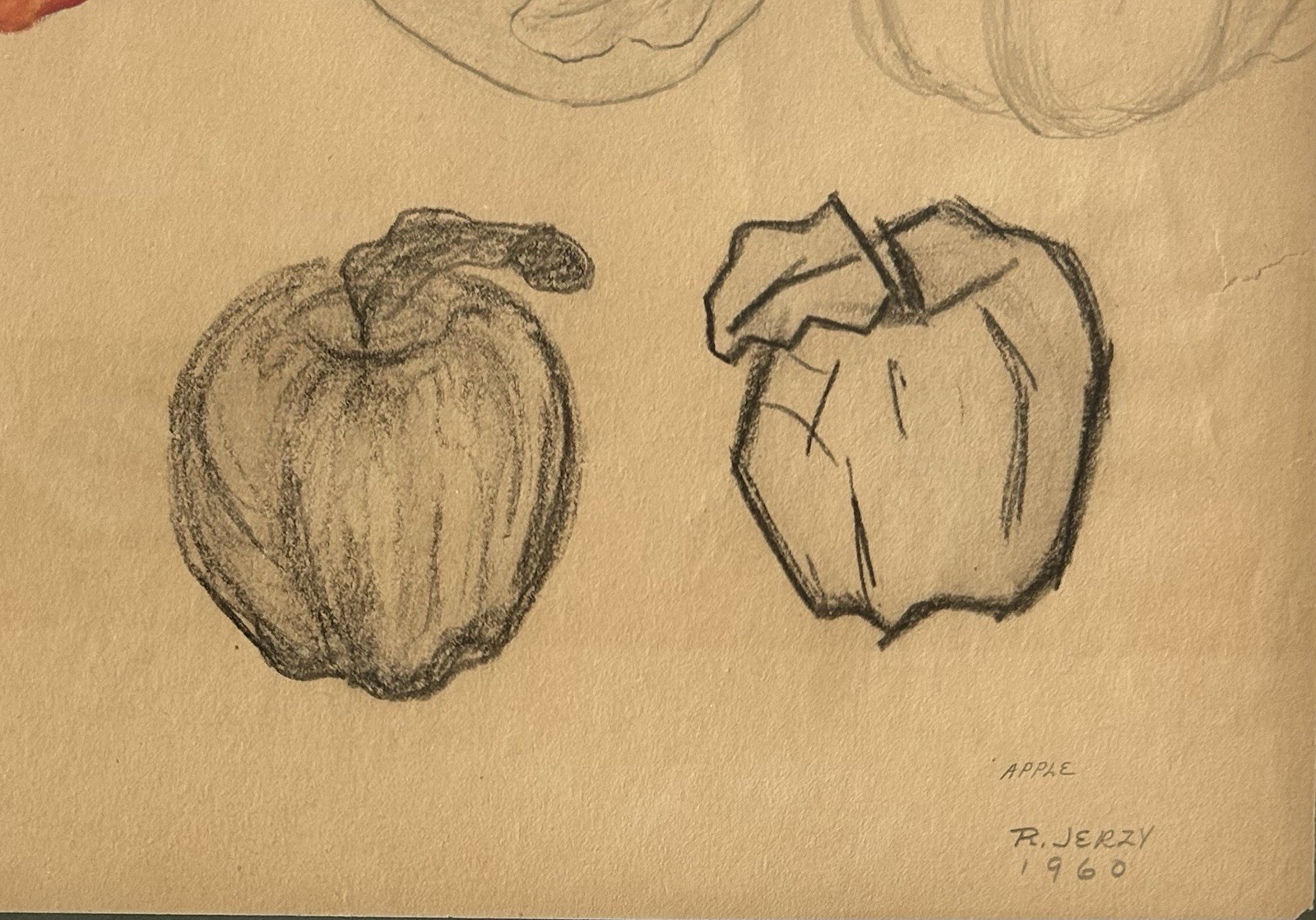 Richard Jerzy Signed Mixed Media Apple Study Watercolor Charcoal 1960 MCM Framed