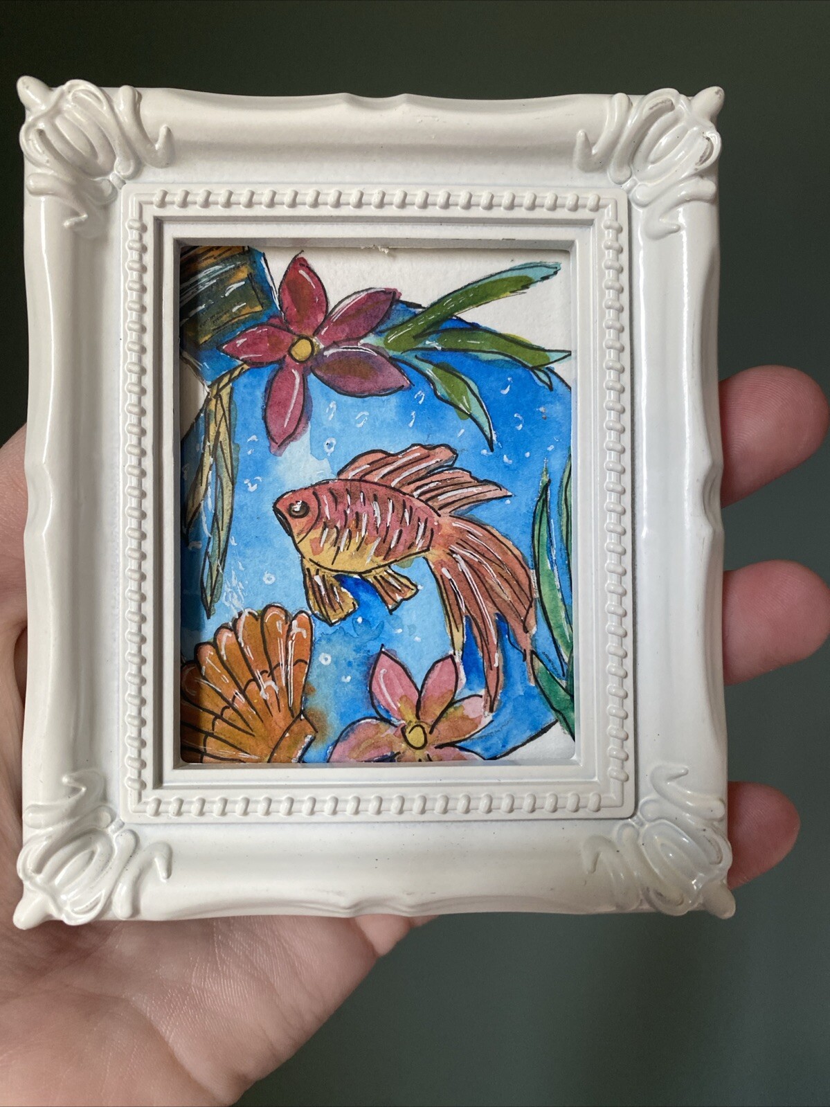 Fish In The Bottle,Watercolor Painting On Paper,framed,cute,miniature,3/4