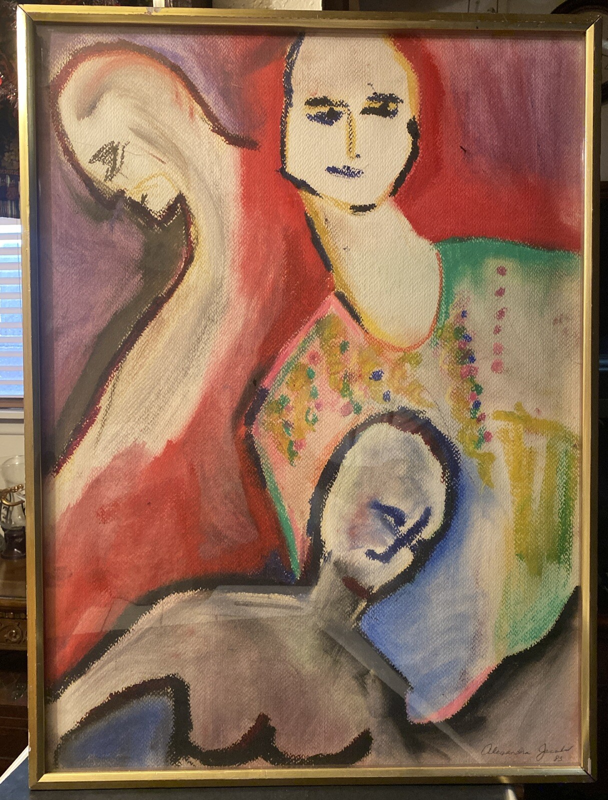 “ALEXANDRA JACOBS” ABSTRACT FIGURAL PASTAL PAINTING SIGNED