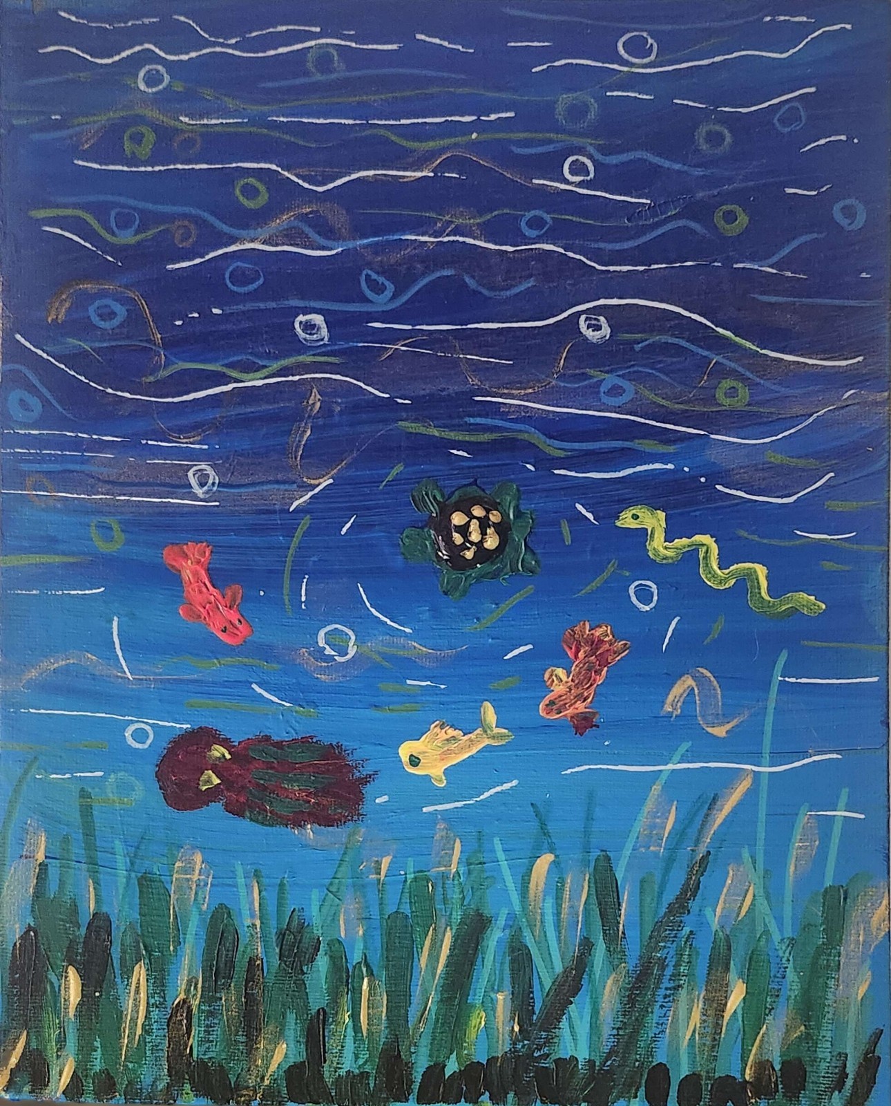 Koi Turtle Pond Acrylic Painting Whimsical Lake Art Original 8×10